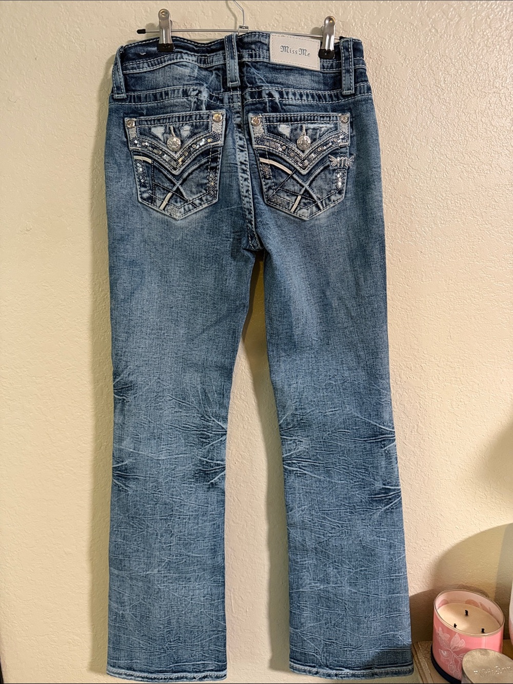 2025 Miss Me Light Blue Wash Embellished Back Pocket Boot Cut Jeans
